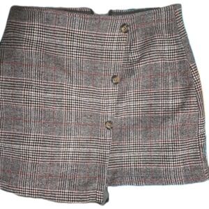 Grey Plaid Glen Check Button Front High Waist Mini Skirt Red Accent Small
